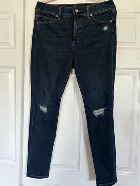 Express Dark Wash Skinny Midrise Jeans with Knee Distress